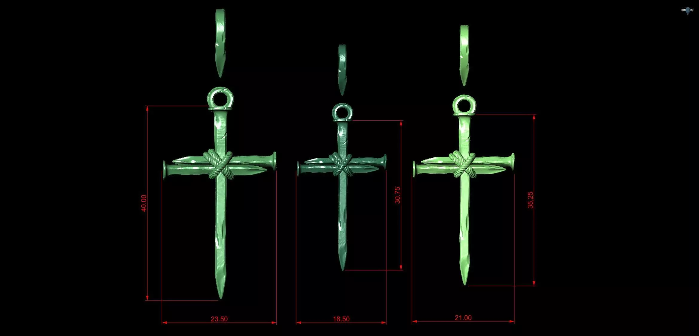 Three Forged Nails Cross with Rope Christian Pendant 3D print model_8