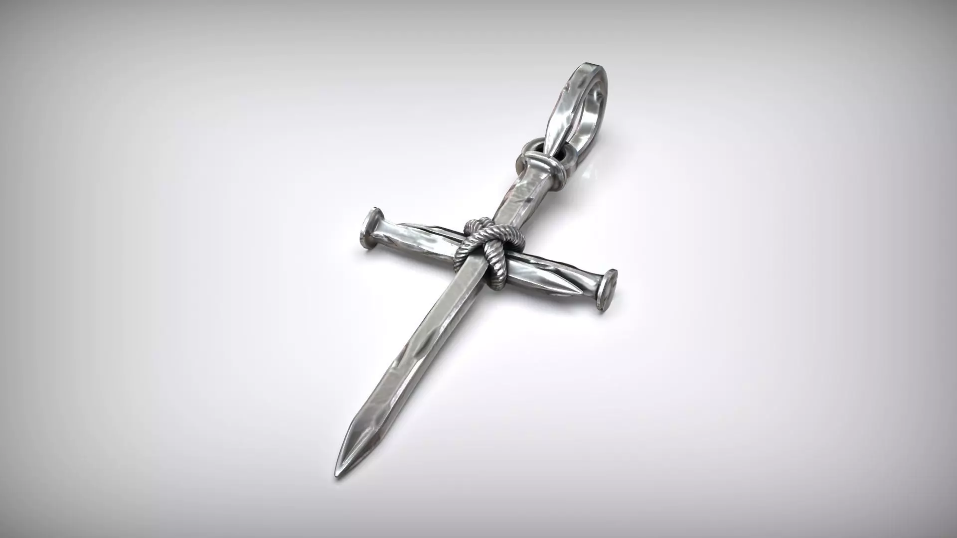 Three Forged Nails Cross with Rope Christian Pendant 3D print model_6