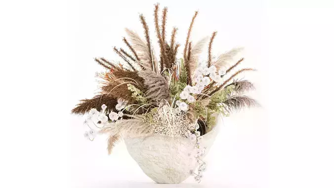 Bouquet dried flowers pampas branches stone vase palm leaves