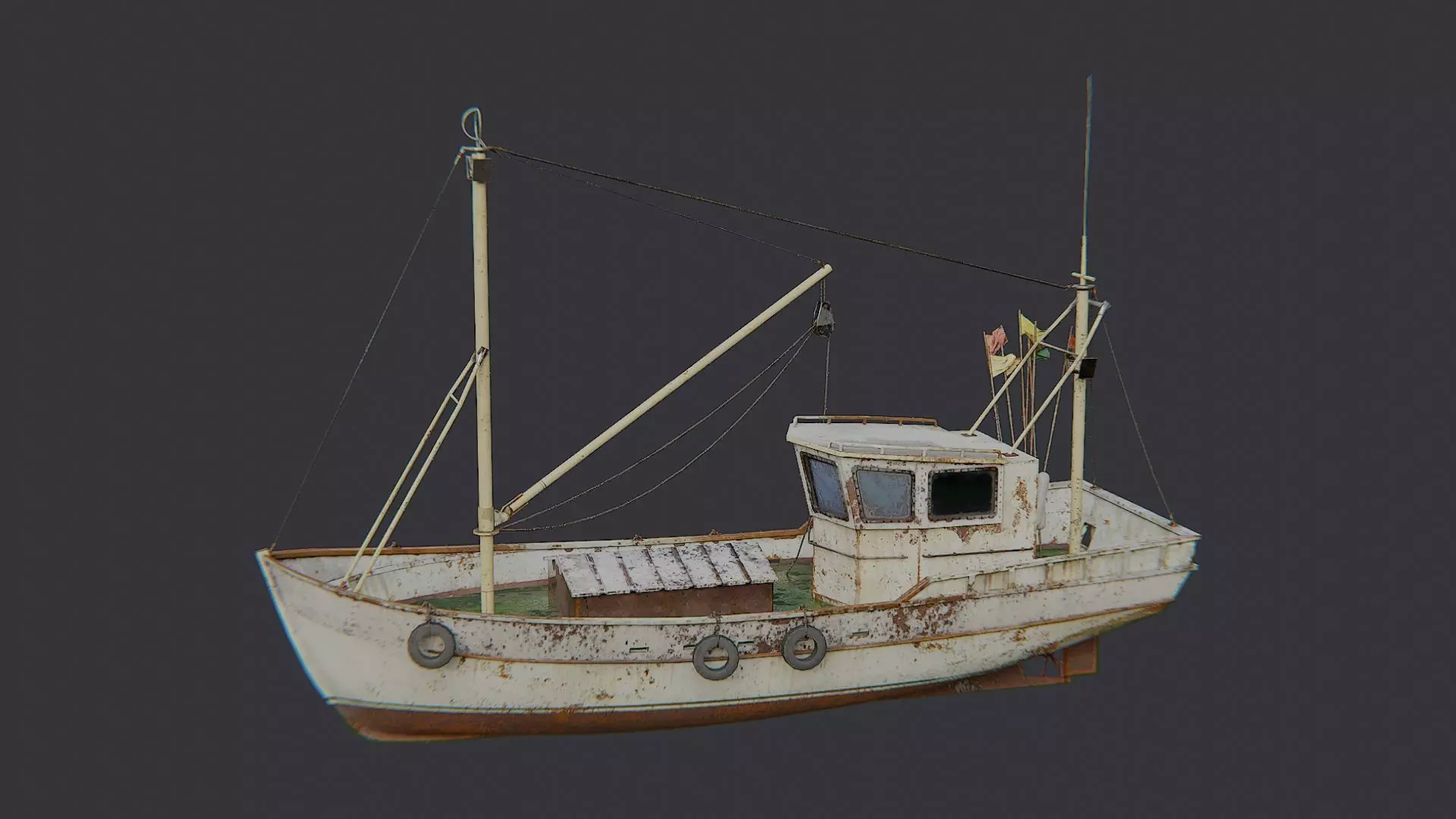 Classic wooden fishing boat with cabin Low-poly 3D model_2