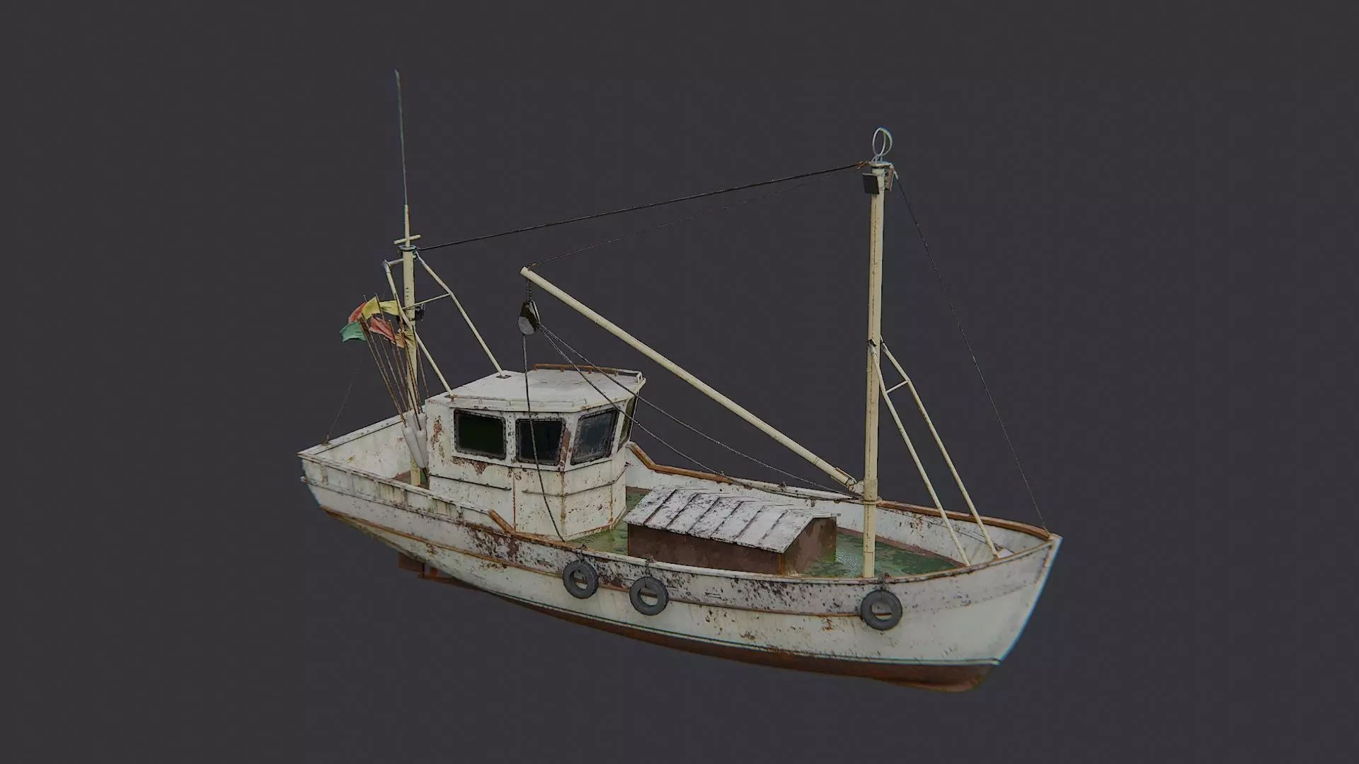 Classic wooden fishing boat with cabin Low-poly 3D model_1