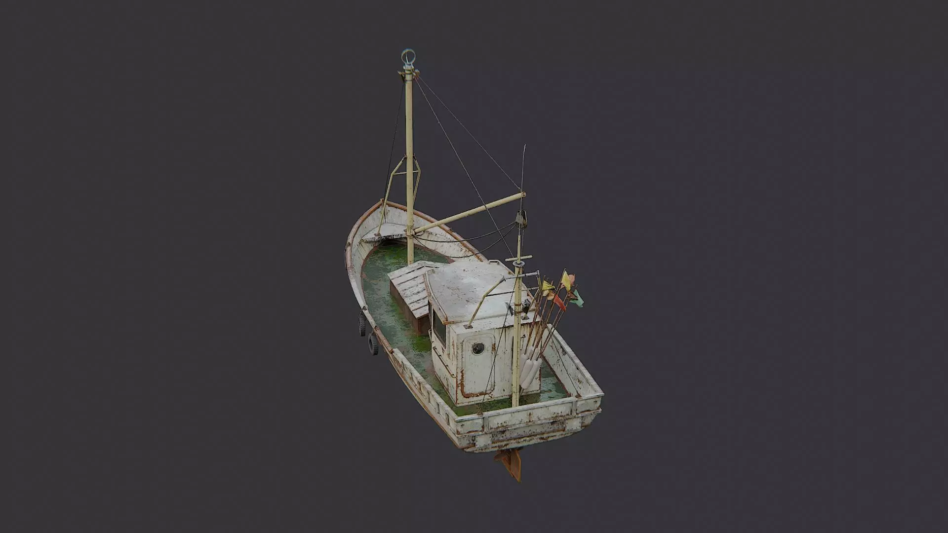 Classic wooden fishing boat with cabin Low-poly 3D model_3