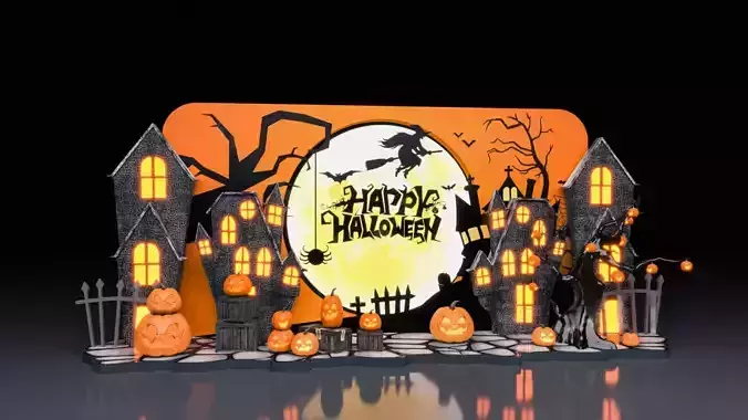 Halloween Decorative Scene with Haunted Houses and Pumpkins