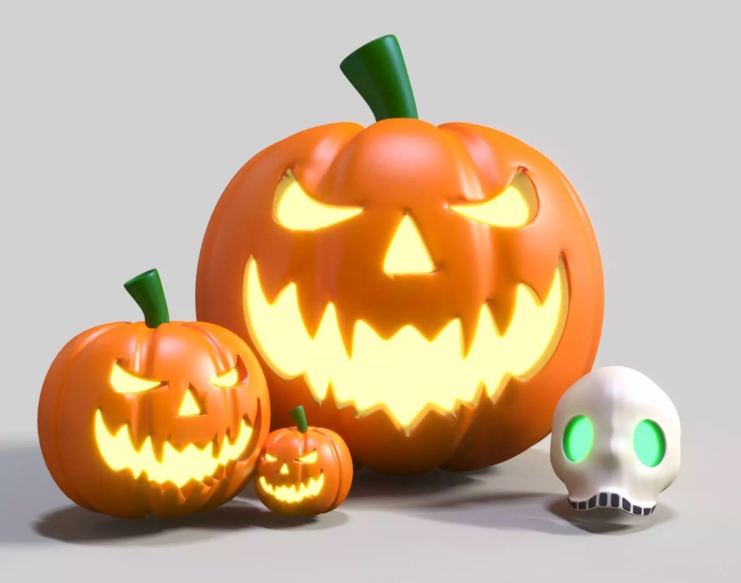 Halloween Decor Set with Jack O Lanterns and Skull 3D model_0