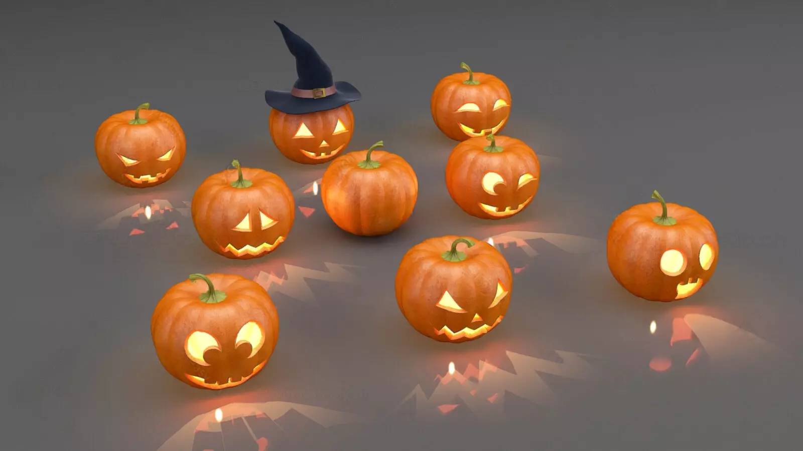 Halloween Jack O Lantern Collection with Witch Hat Decor 3D model