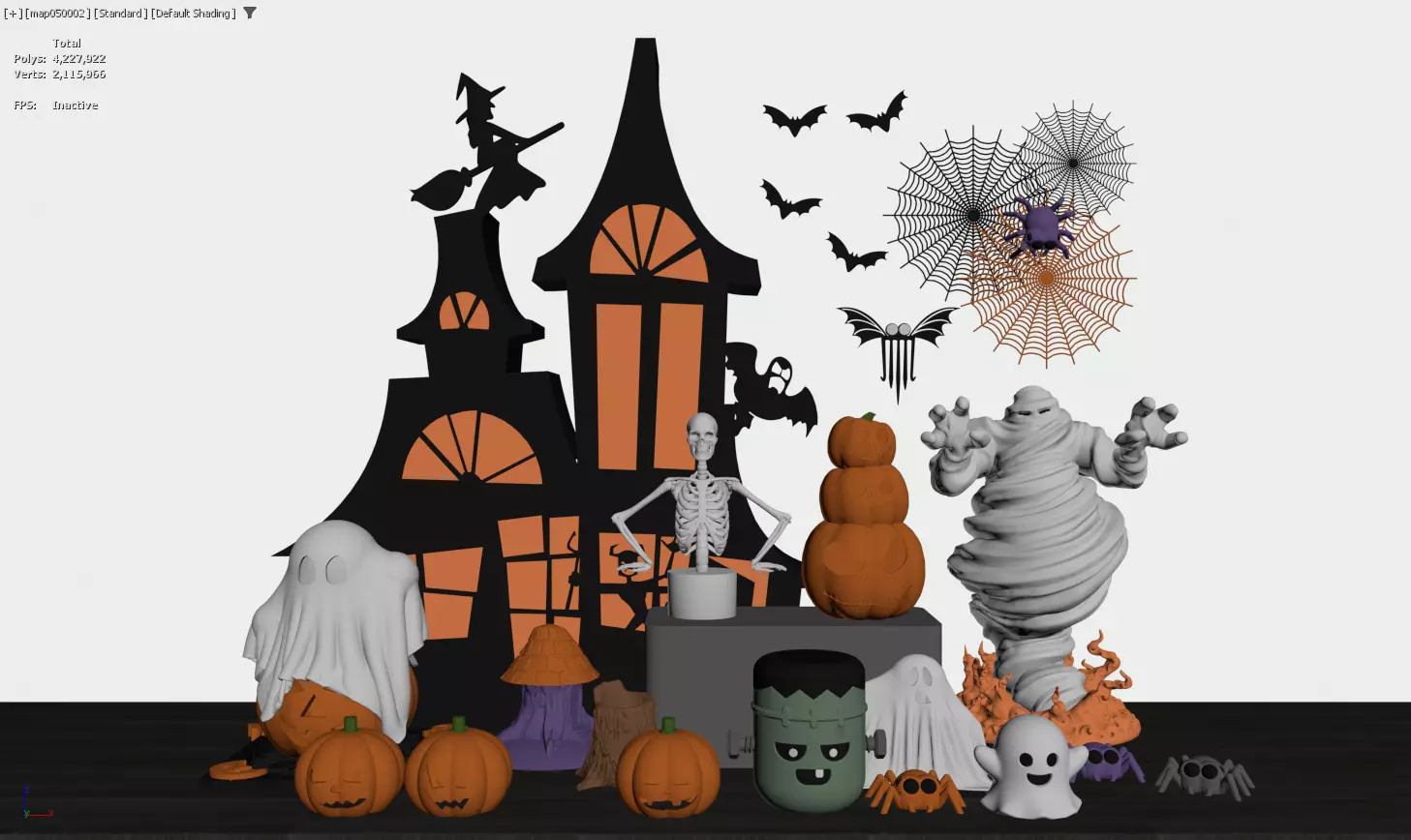 Halloween Decor Scene with Haunted House and Spooky Characters 3D model_1