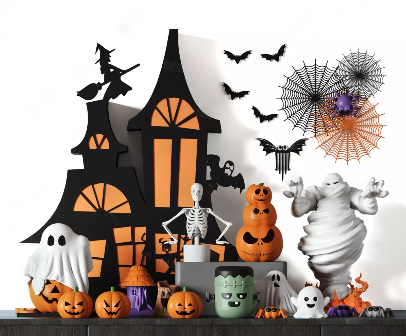 Halloween Decor Scene with Haunted House and Spooky Characters 3D model_0