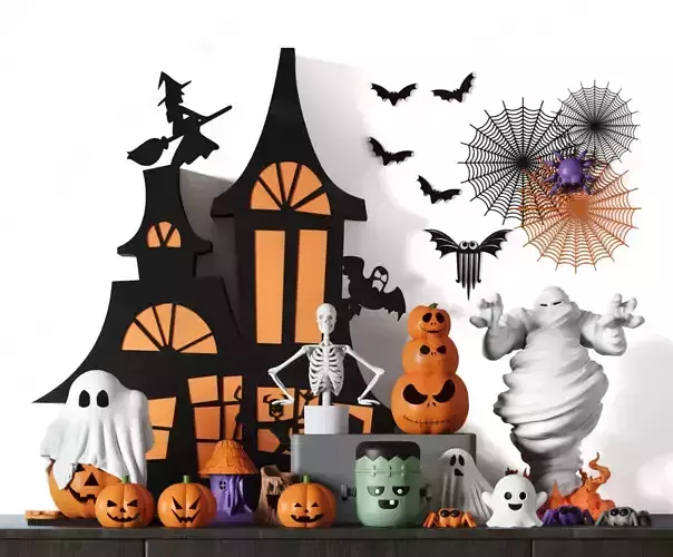 Halloween Decor Scene with Haunted House and Spooky Characters