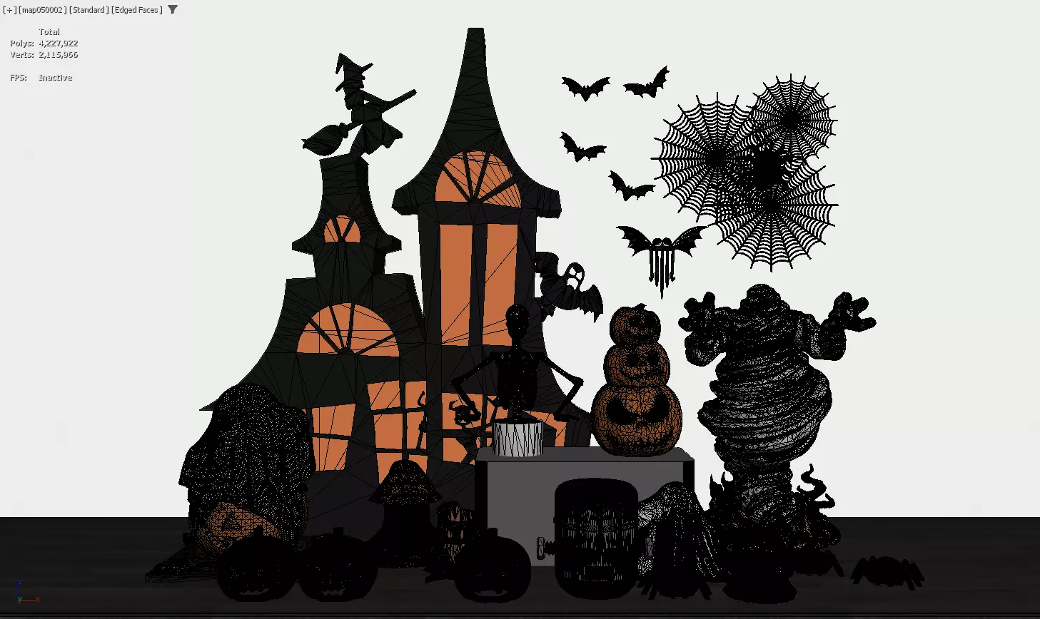 Halloween Decor Scene with Haunted House and Spooky Characters 3D model_3