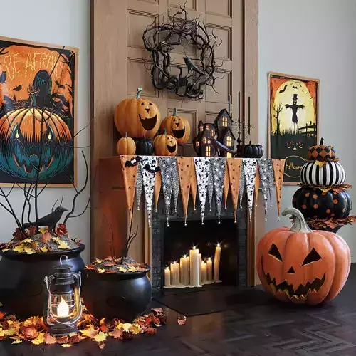 Halloween Fireplace Decor Scene Pumpkins Spooky Elements