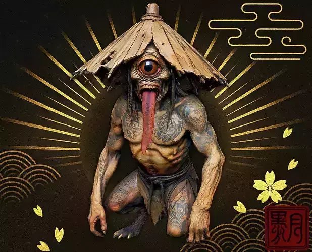 Tattooed Karakasa Obake Yokai Statue STL OBJ FBX ZPR