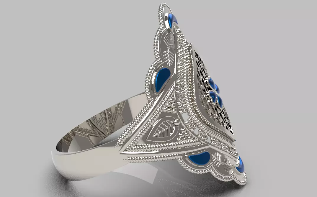 Elagent Gold Filigree Ring with Blue Enamel - Sizes Included 3D print model_7