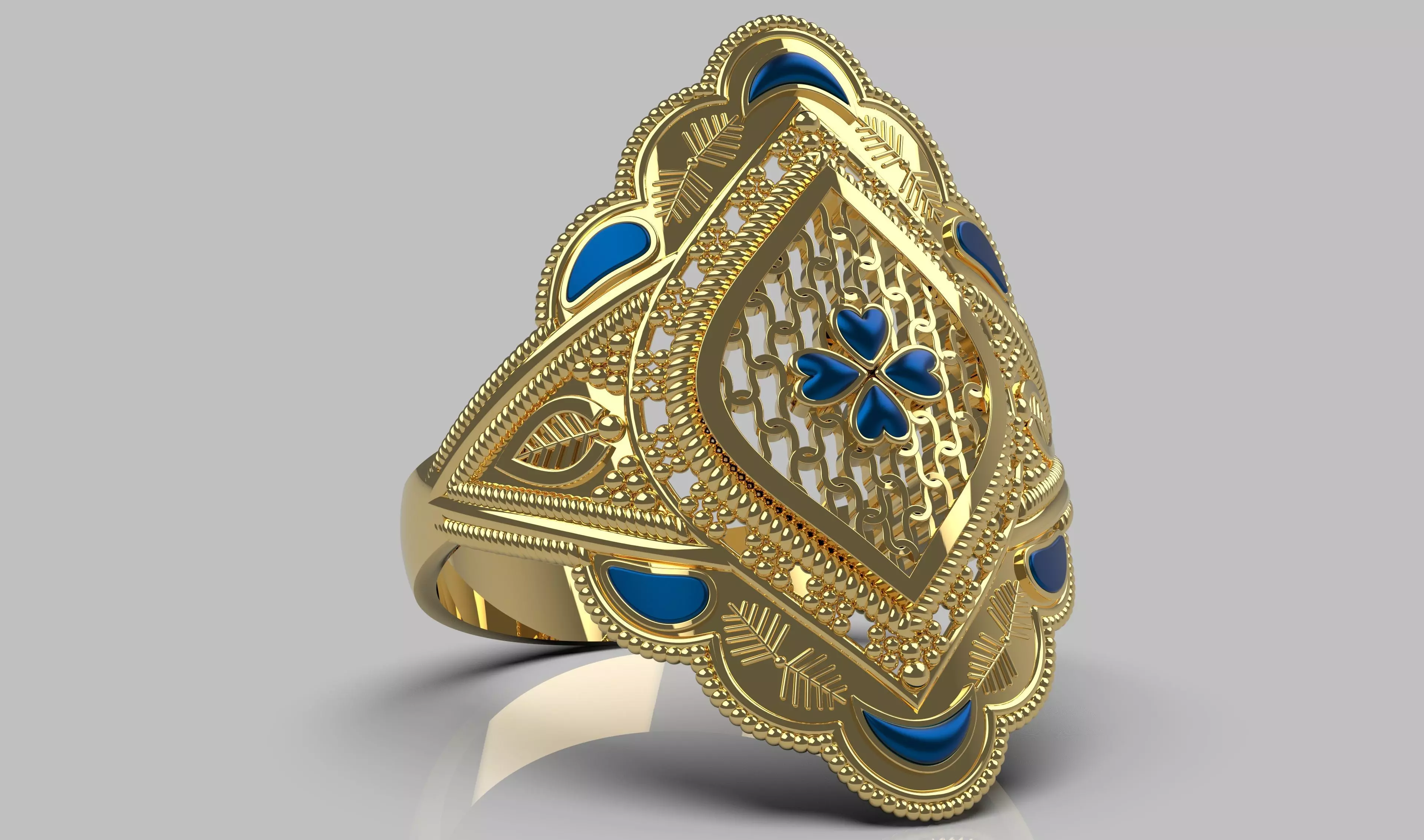 Elagent Gold Filigree Ring with Blue Enamel - Sizes Included 3D print model_0