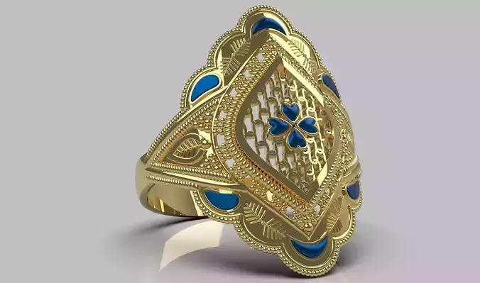 Elagent Gold Filigree Ring with Blue Enamel - Sizes Included