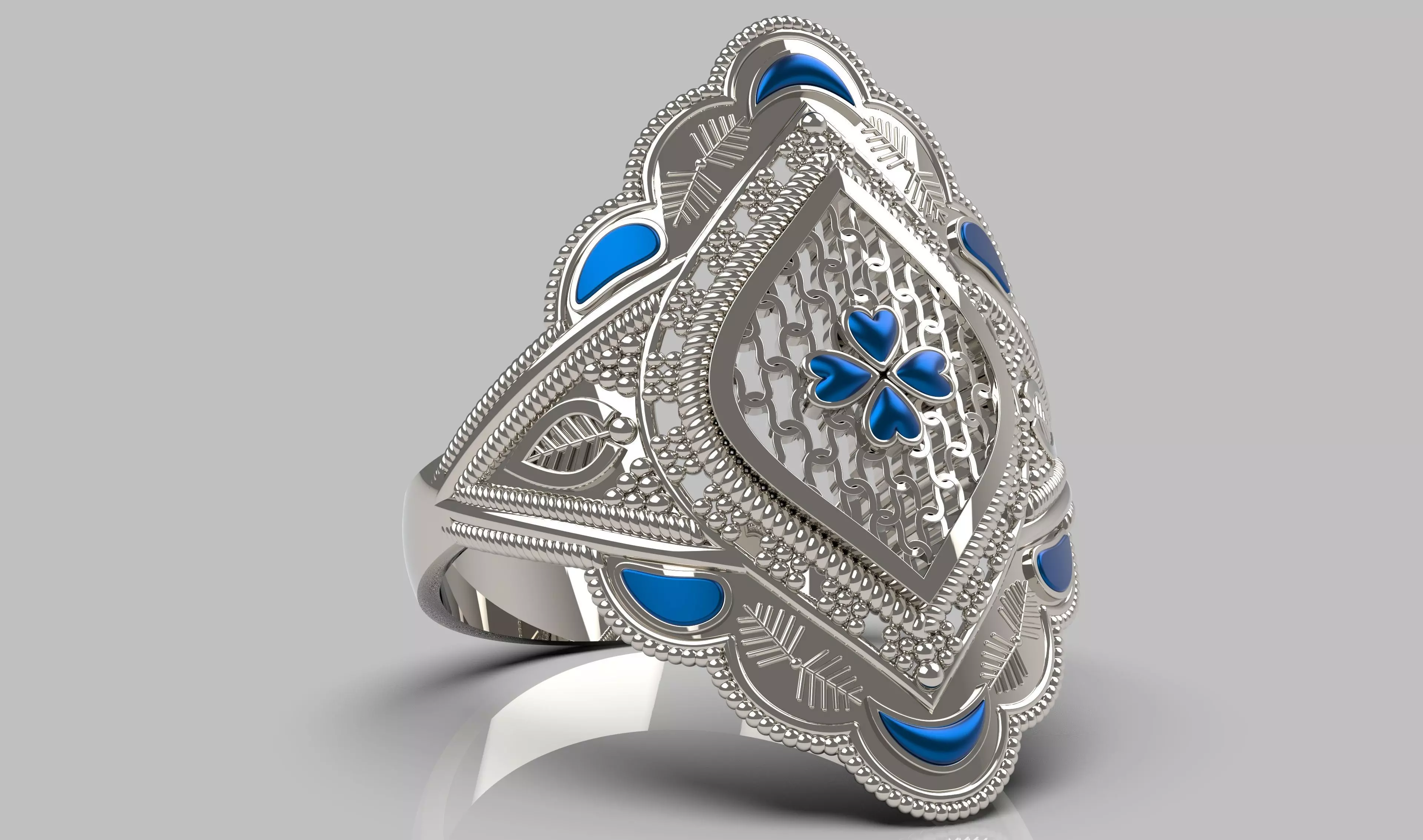 Elagent Gold Filigree Ring with Blue Enamel - Sizes Included 3D print model_1