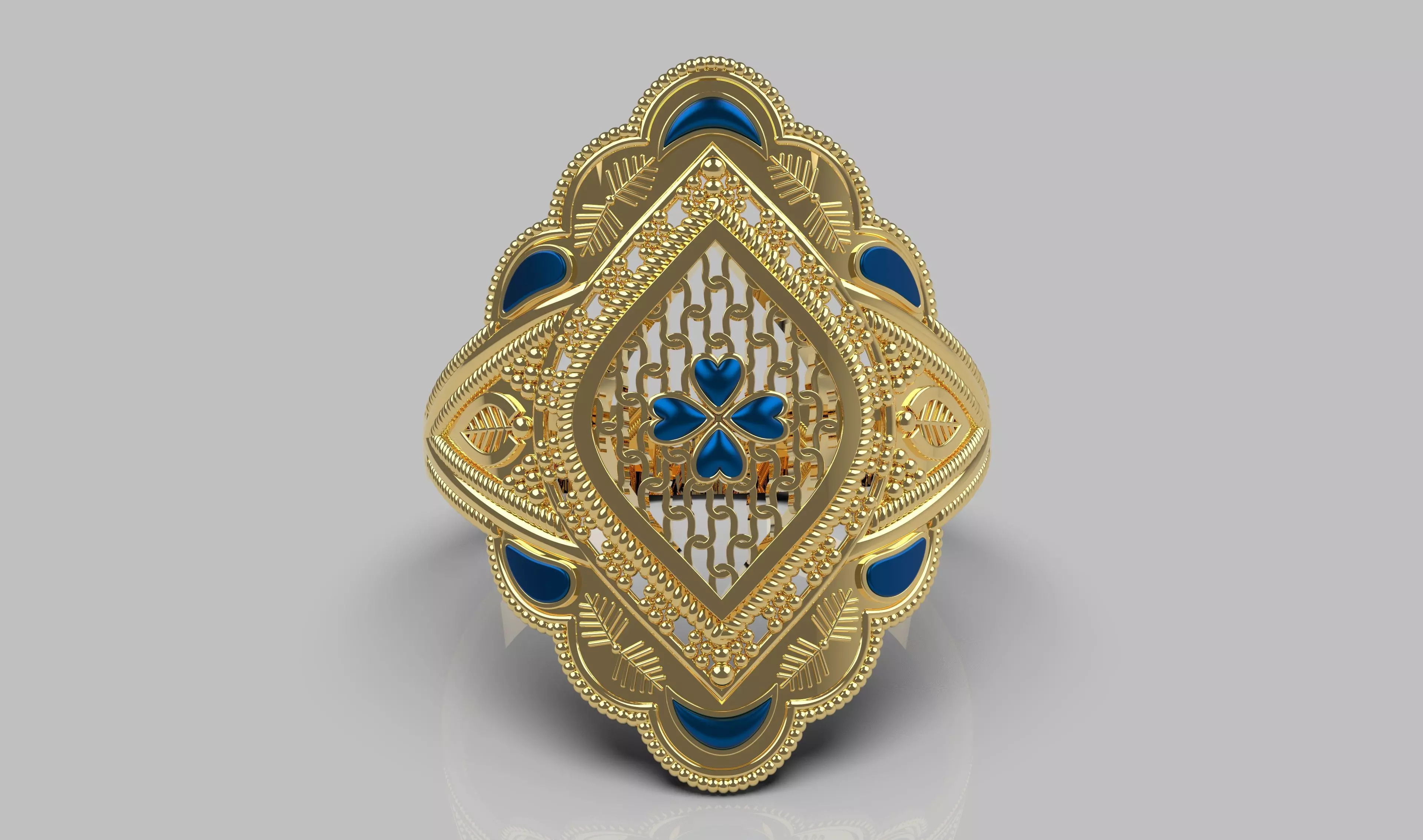 Elagent Gold Filigree Ring with Blue Enamel - Sizes Included 3D print model_2