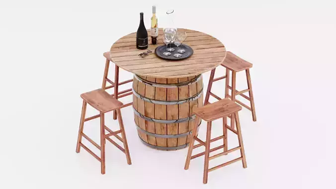 Barrel Table with Stools and Wine Setup