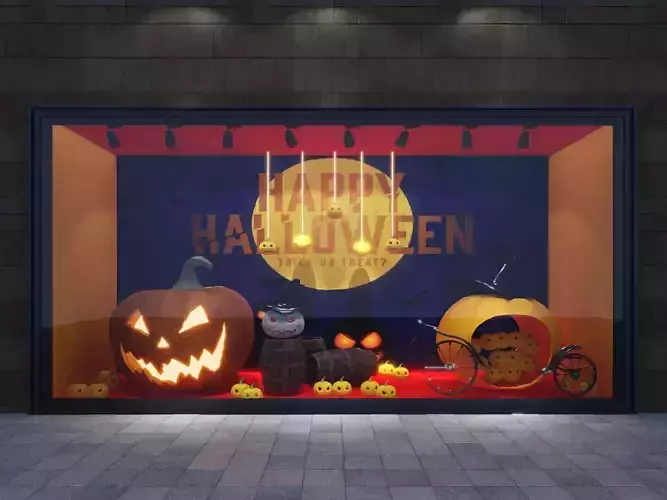 Halloween Store Window Decor Scene Pumpkins Festive Elements