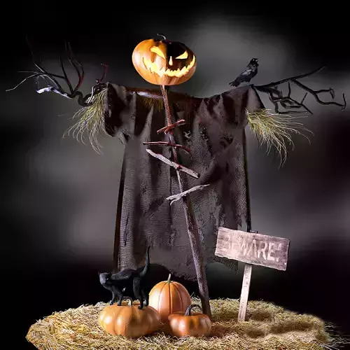 Halloween Scarecrow Decor with Pumpkin Head and Spooky Elements