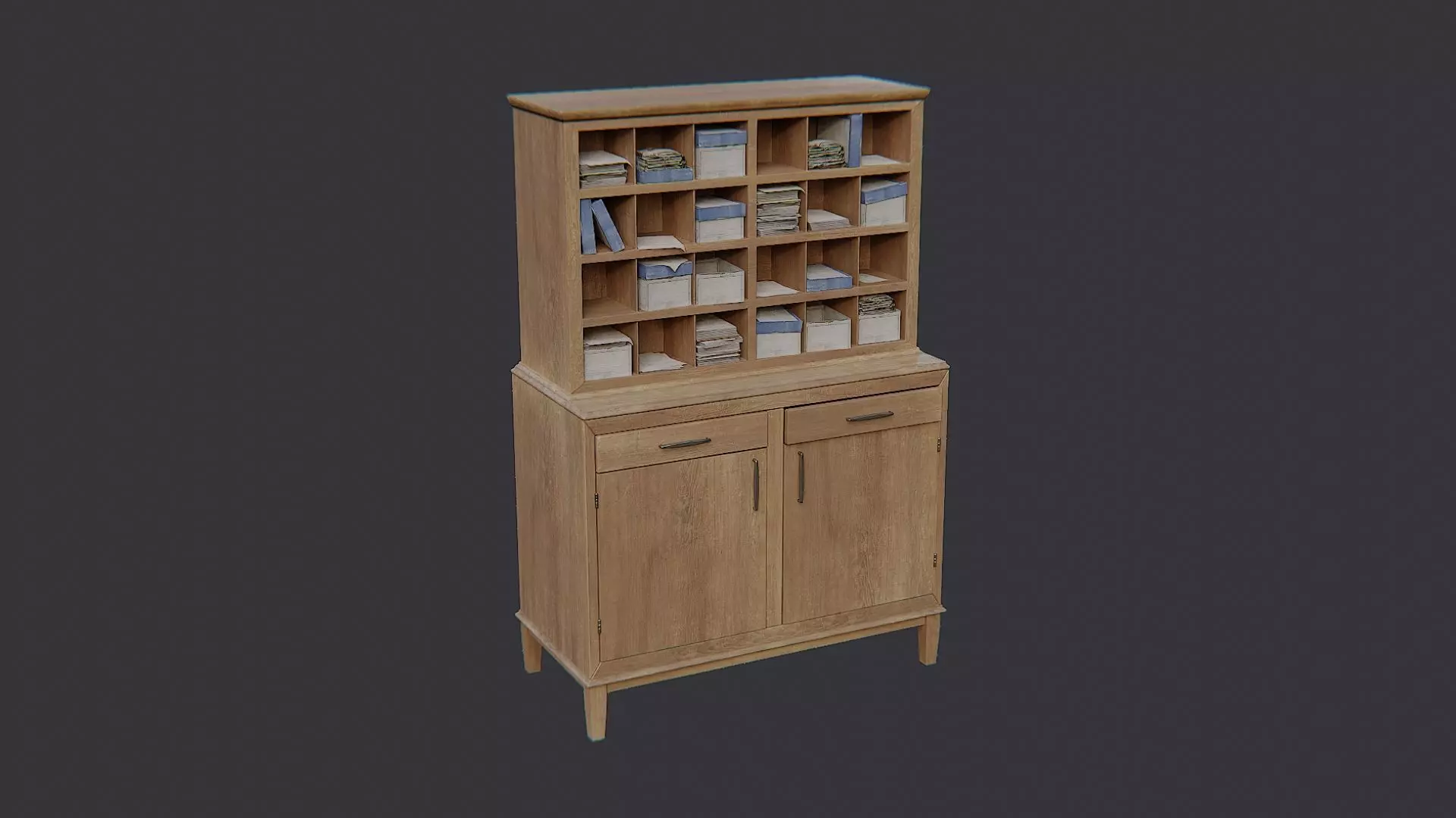 Rustic wooden cabinet with cubby shelves Low-poly 3D model_2
