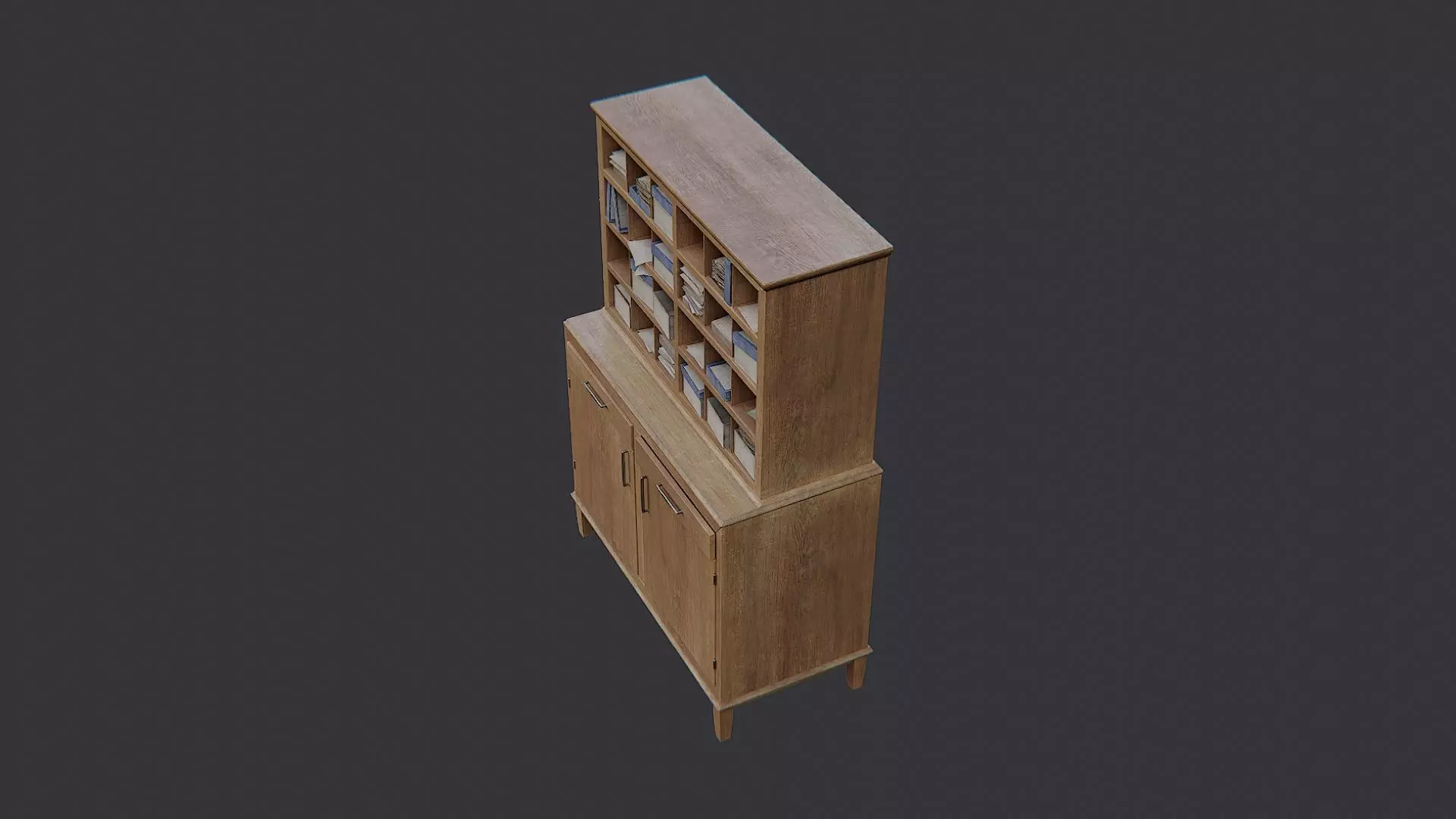 Rustic wooden cabinet with cubby shelves Low-poly 3D model_3