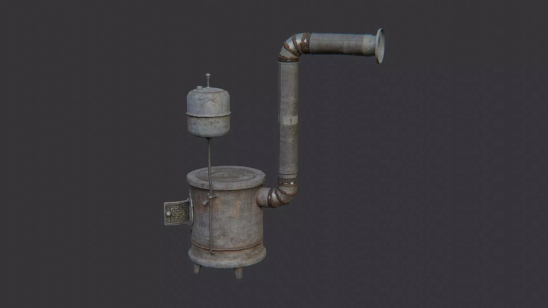 Rustic round coal stove with chimney Low-poly 3D model_2