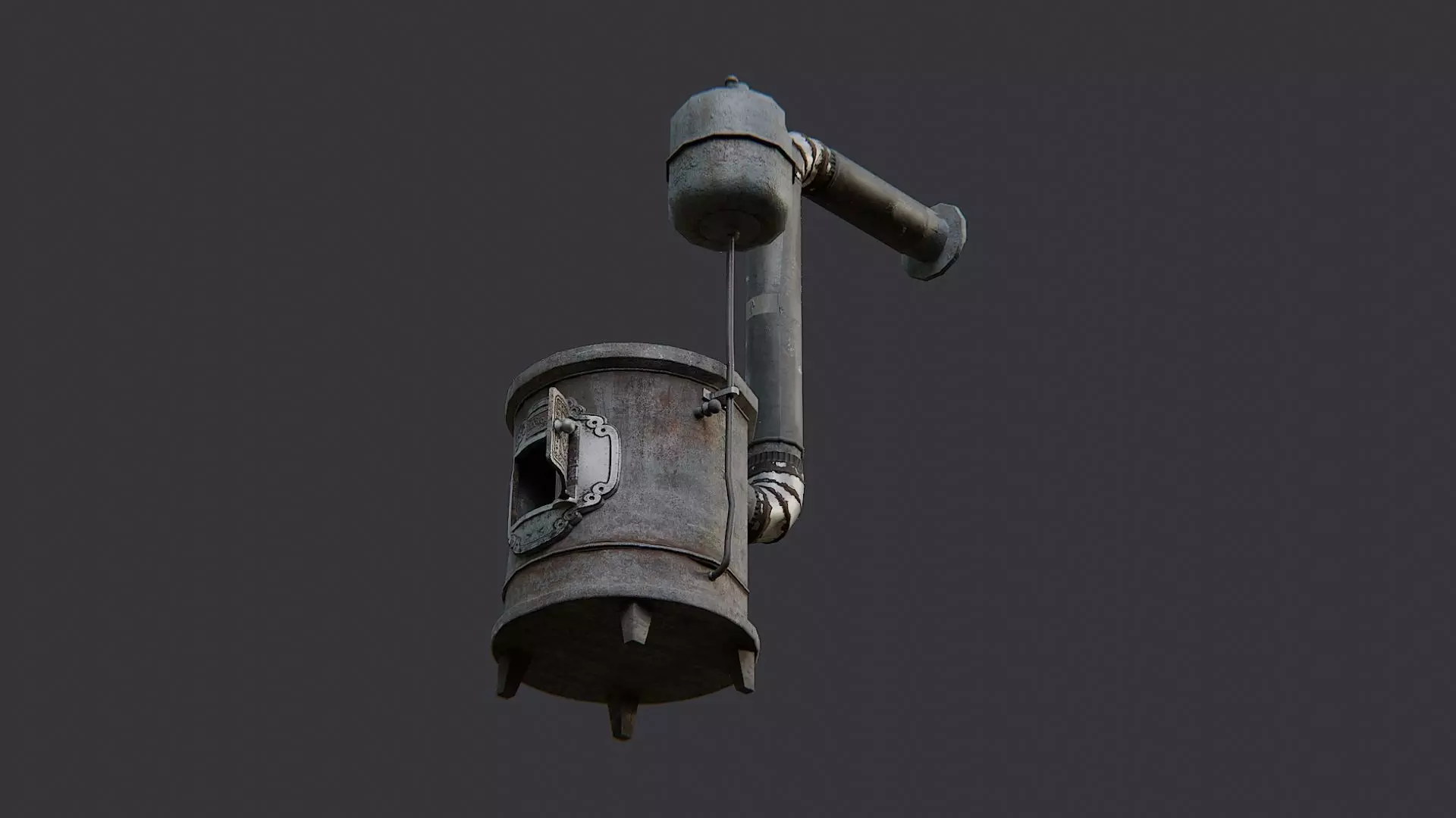 Rustic round coal stove with chimney Low-poly 3D model_5