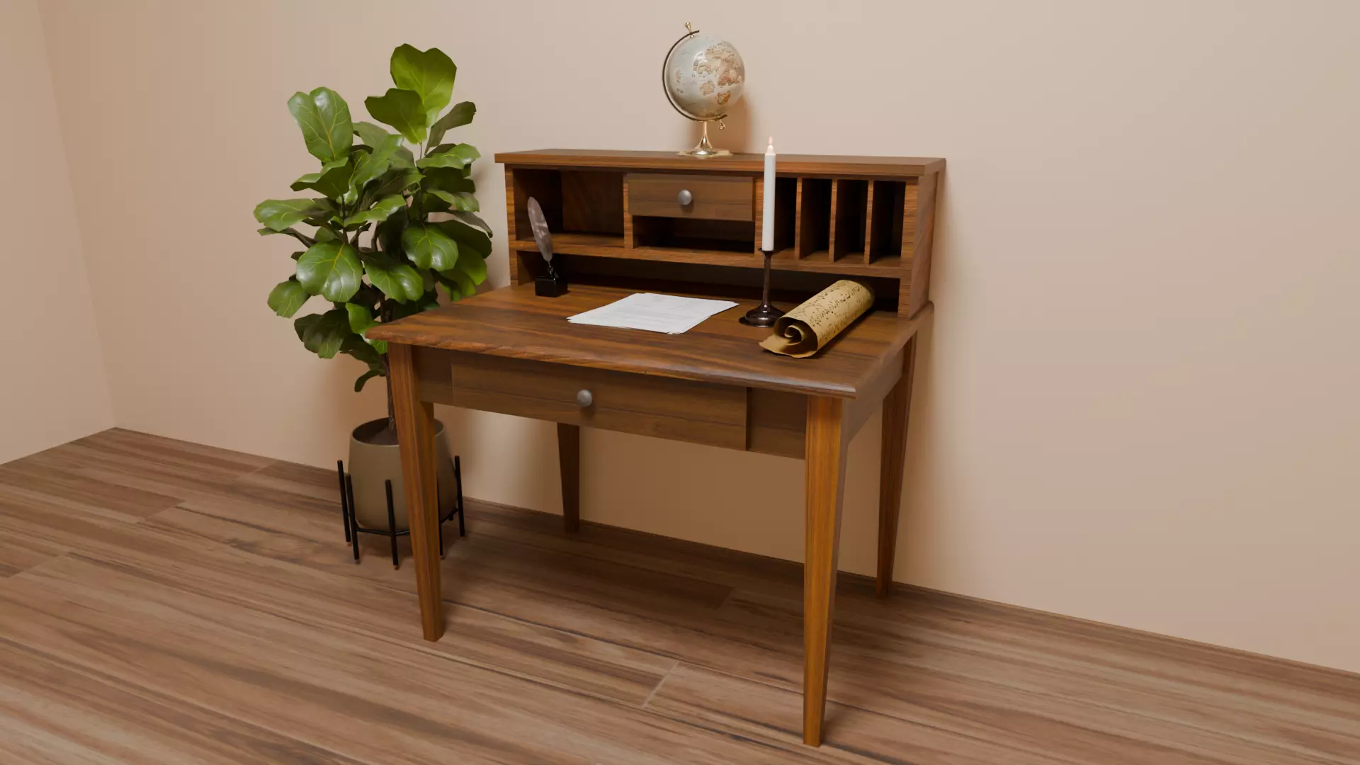 Antique Shaker Writing Desk Low-poly 3D model_0