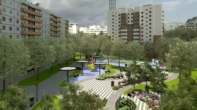 Game Ready Modern Residential Block and Courtyard 3D Scene