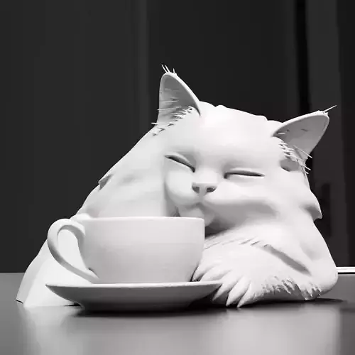 Sleepy Cat with Coffee Cup Figurine Paintable