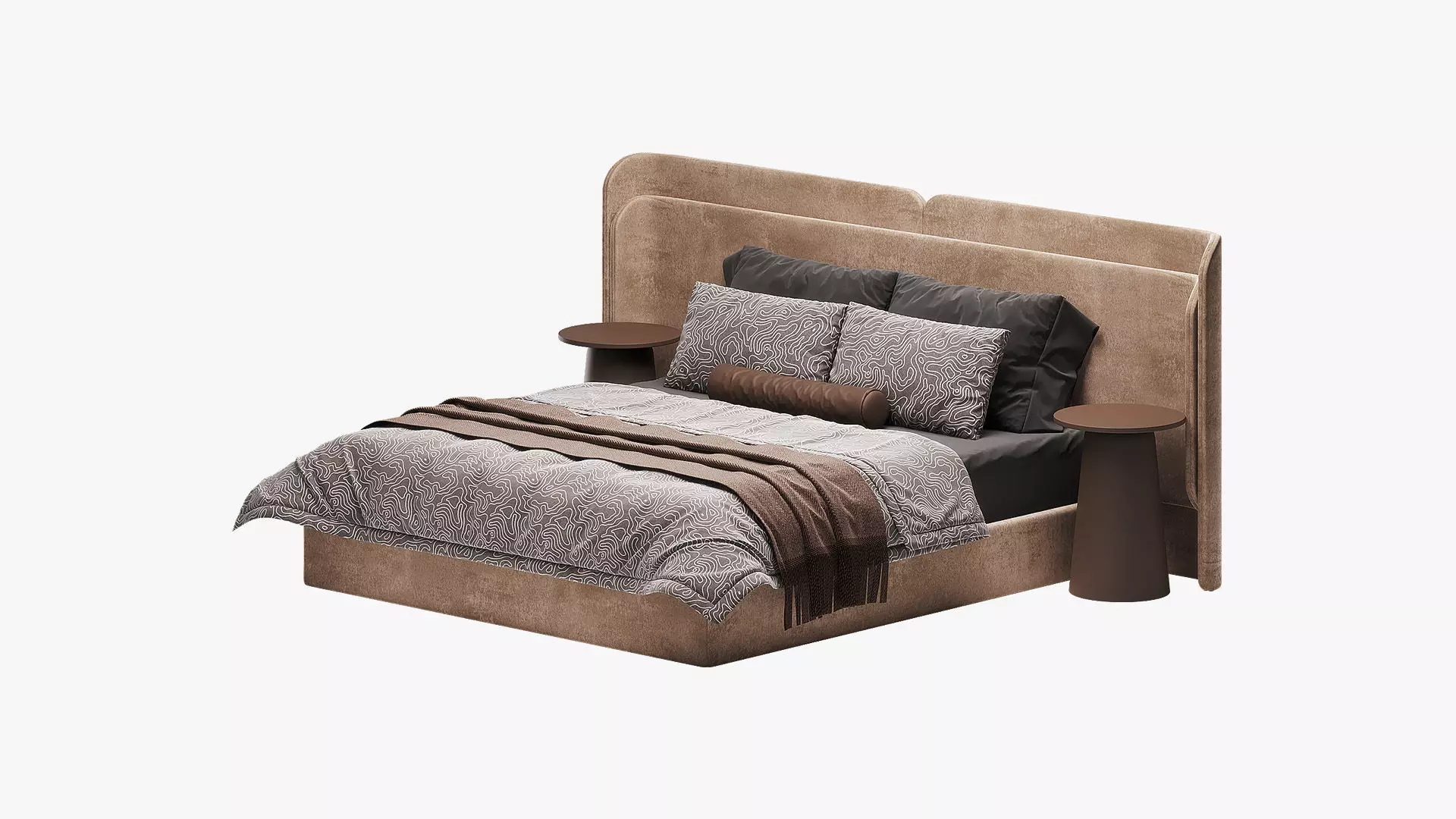 Beige bed with curved headboard 3D model_1