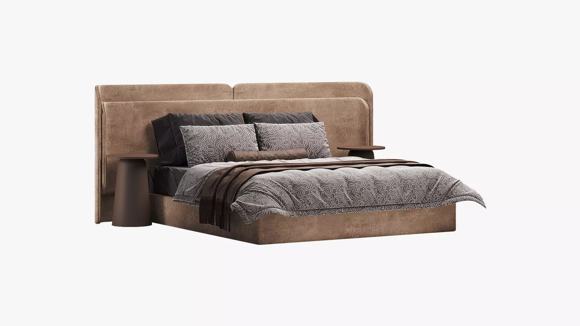 Beige bed with curved headboard 3D model_2