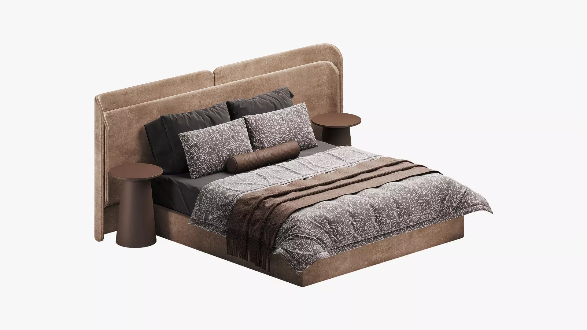 Beige bed with curved headboard 3D model_0