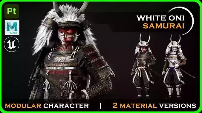 Japanese White Oni Samurai - Game-ready
