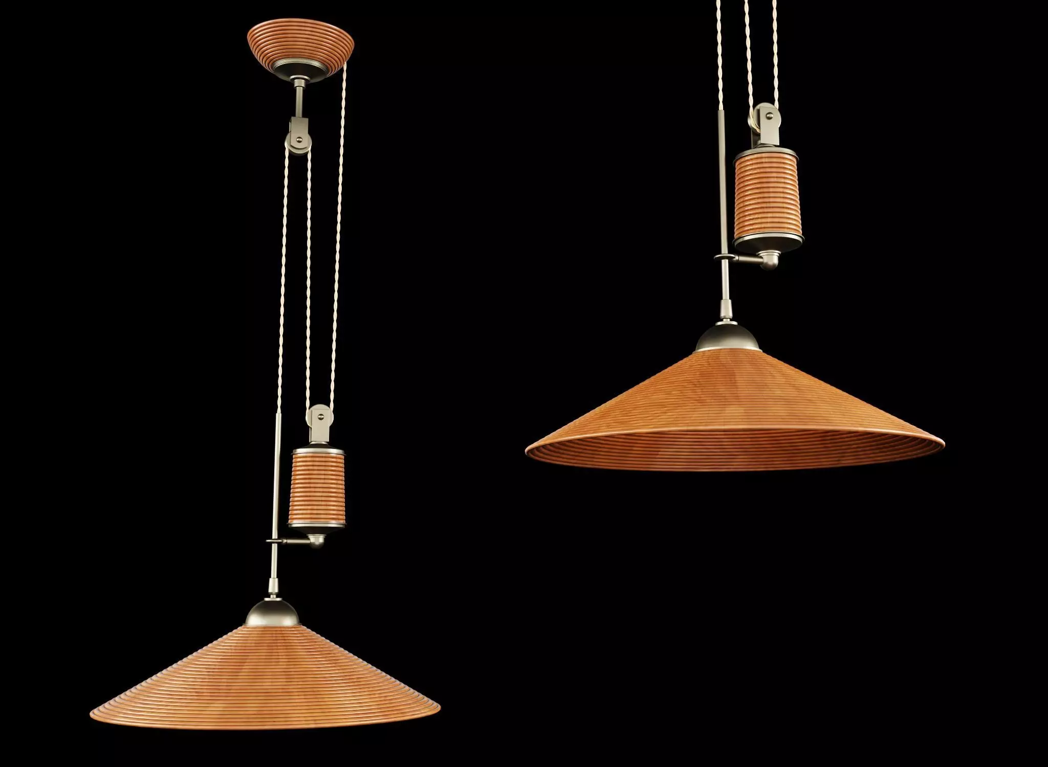 Rattan and brass potence ceiling lamp 3D model_0