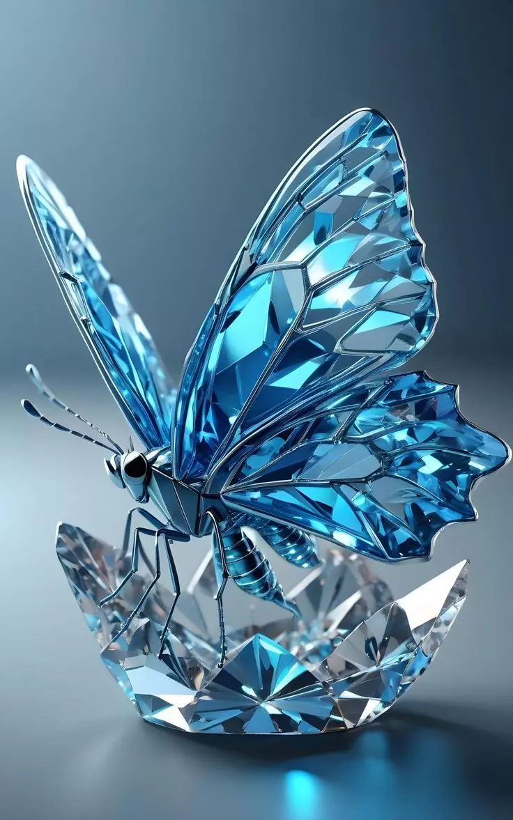 Crystal Blue Butterfly Gemstone Sculpture Wings Perched Diamond Low-poly 3D model_0