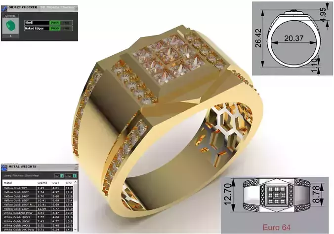 Mens Signet Ring with Princess Pave and Honeycomb Pattern mr0321