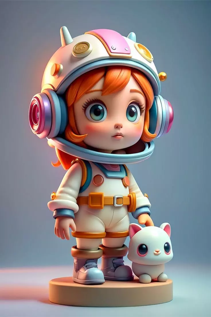 Cute Astronaut Girl Chibi Space Explorer Pet Cat Adorable Suit Low-poly 3D model_0