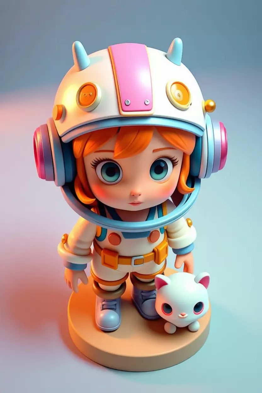 Cute Astronaut Girl Chibi Space Explorer Pet Cat Adorable Suit Low-poly 3D model_1