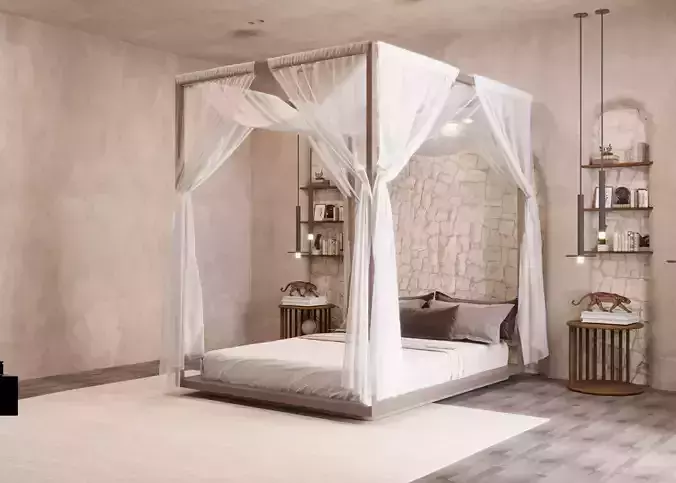 Bohemian Oasis Bedroom - Luxurious Canopy Bed Interior 3D Model