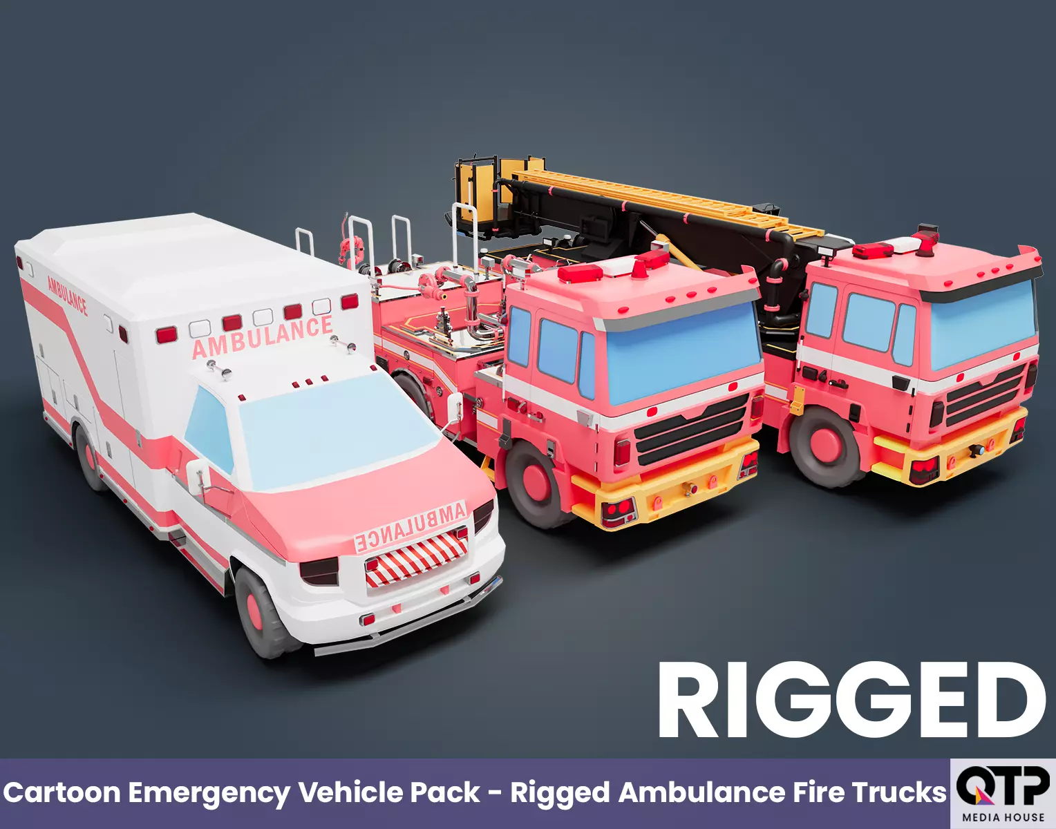 Cartoon Emergency Vehicle Pack - Rigged Ambulance Fire Trucks Low-poly 3D model