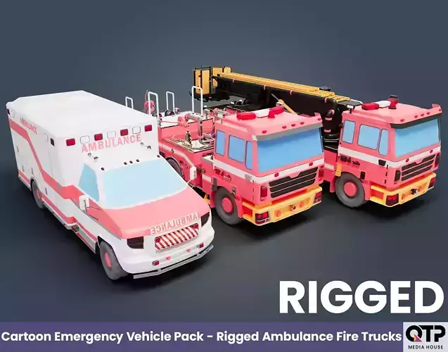Cartoon Emergency Vehicle Pack - Rigged Ambulance Fire Trucks