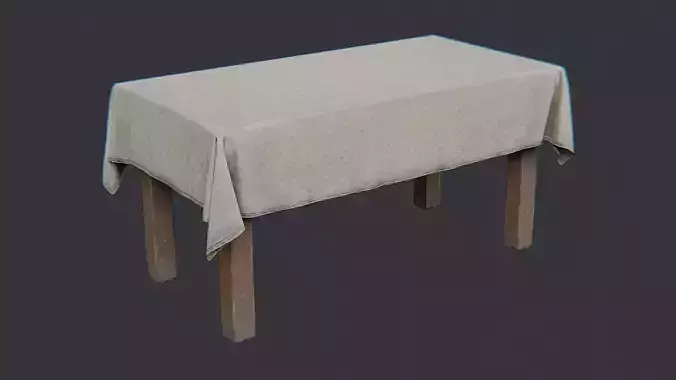 Wooden kitchen table with linen tablecloth