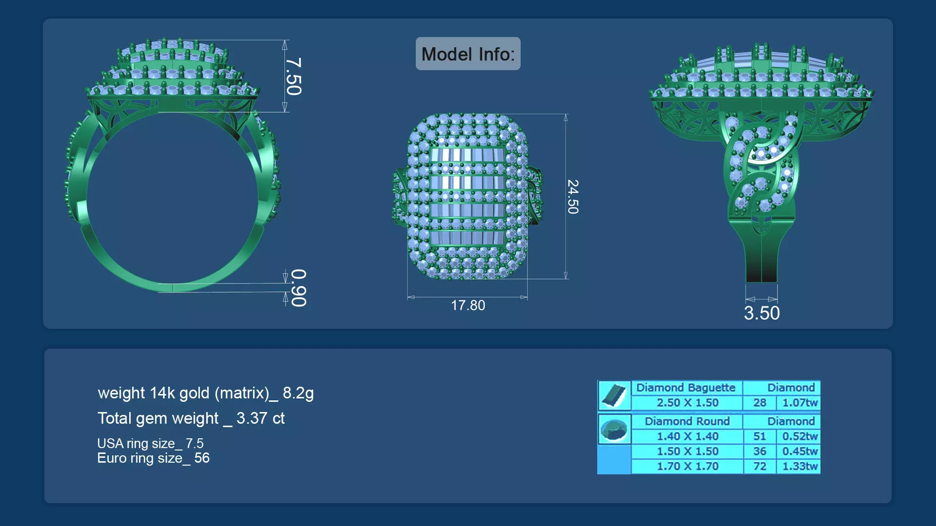 Delicate Round Baguette Ring Base 3D Printable 3D print model_7
