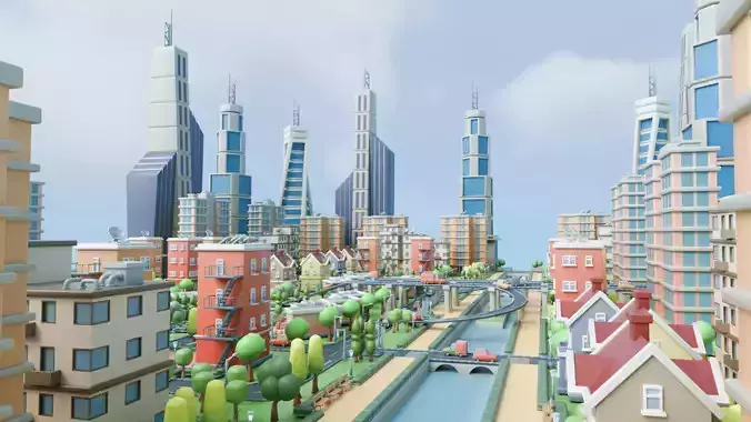 Cartoon City Scene Stylized Urban Environment