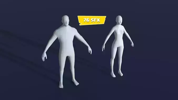 Animated Male Female Body Base Mesh 1K with 76 Sound Effects Low-poly 3D model