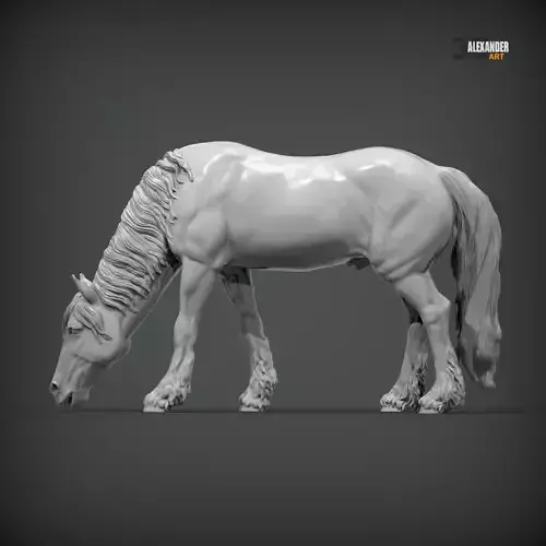 Friesian horse eats grass