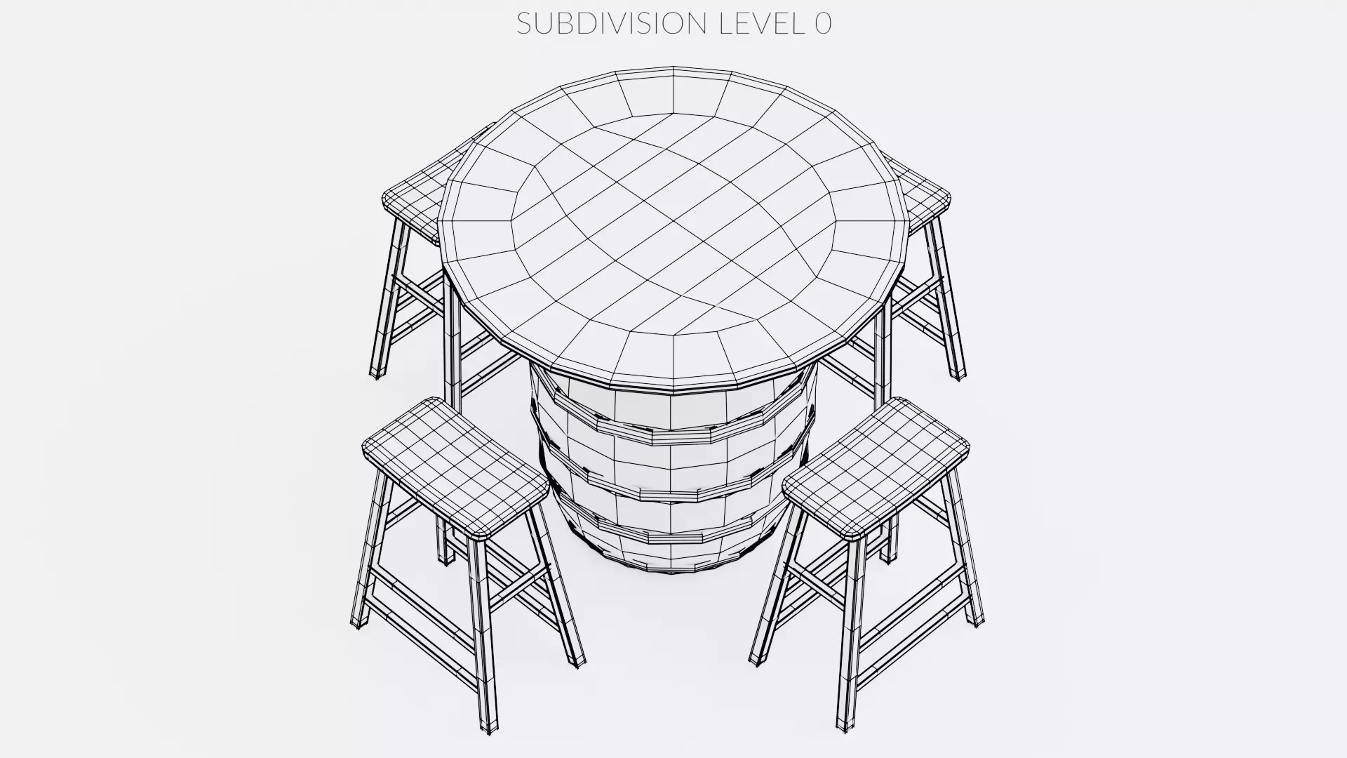Barrel Table with Stools Low-poly 3D model_9