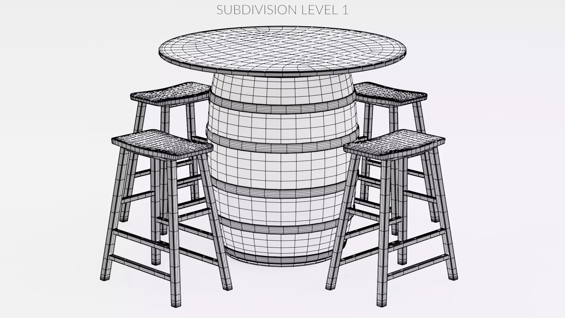 Barrel Table with Stools Low-poly 3D model_8