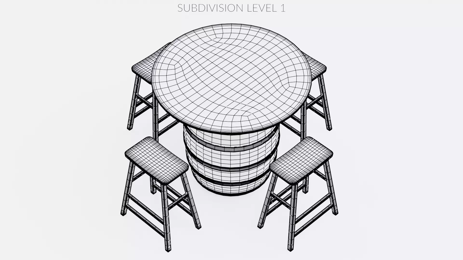 Barrel Table with Stools Low-poly 3D model_10
